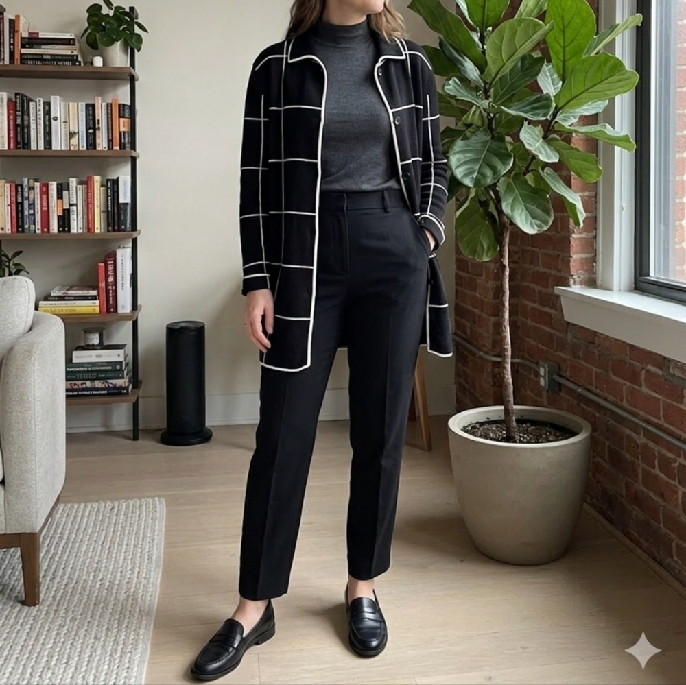 Nygard Collection Black White Windowpane Knit Cardigan - Medium
